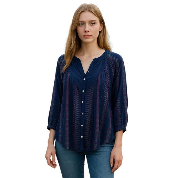 Roxy Blue Purple Boho Print Flowy Button Front Top Size Small - Picture 1 of 6
